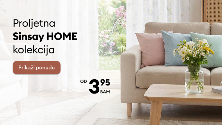 Promotivna slika proljetne Sinsay HOME kolekcije kućnih dodataka, s naglaskom na početnu povoljnu cijenu i pozivom na pregled ponude.