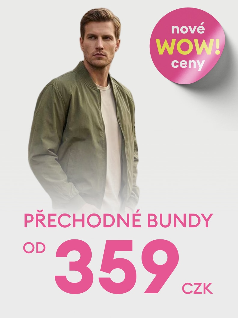 Reklamní sdělení propagující pánské přechodné bundy s novými výhodnými cenami, zaměřené na sezónní nabídku a dostupnost.