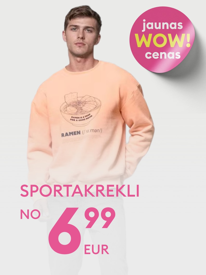 Reklāma par sporta krekliem ar jaunu piedāvājumu un cenu no 6,99 EUR, aicinot iepazīties ar izdevīgām cenām.