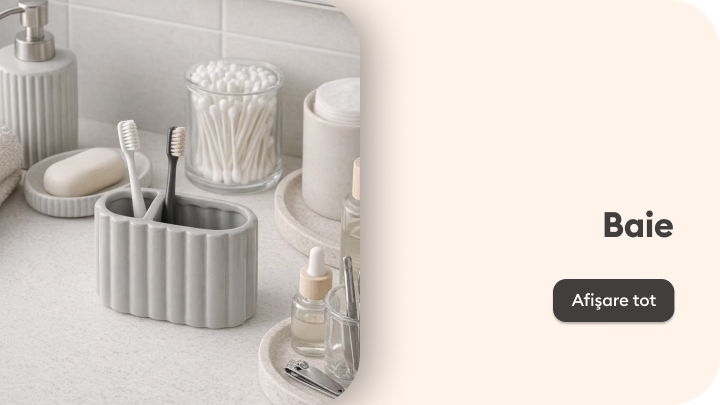 Prezentare de accesorii pentru baie organizate pe blat, sugerând soluții practice de organizare și îngrijire personală pentru amenajarea spațiului de baie.
