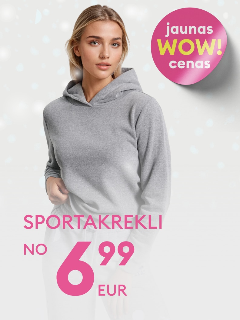 Sporta krekli jaunās WOW cenas sākot no 6,99 EUR. Teksts norāda uz izdevīgu piedāvājumu, ko var atrast attēlā redzamajā reklāmā.