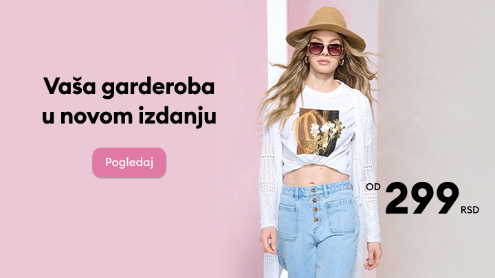 Promotivni baner koji poziva na pregled nove modne kolekcije i garderobe, sa naglaskom na aktuelne trendove i pristupačnu početnu cenu od 299 RSD.
