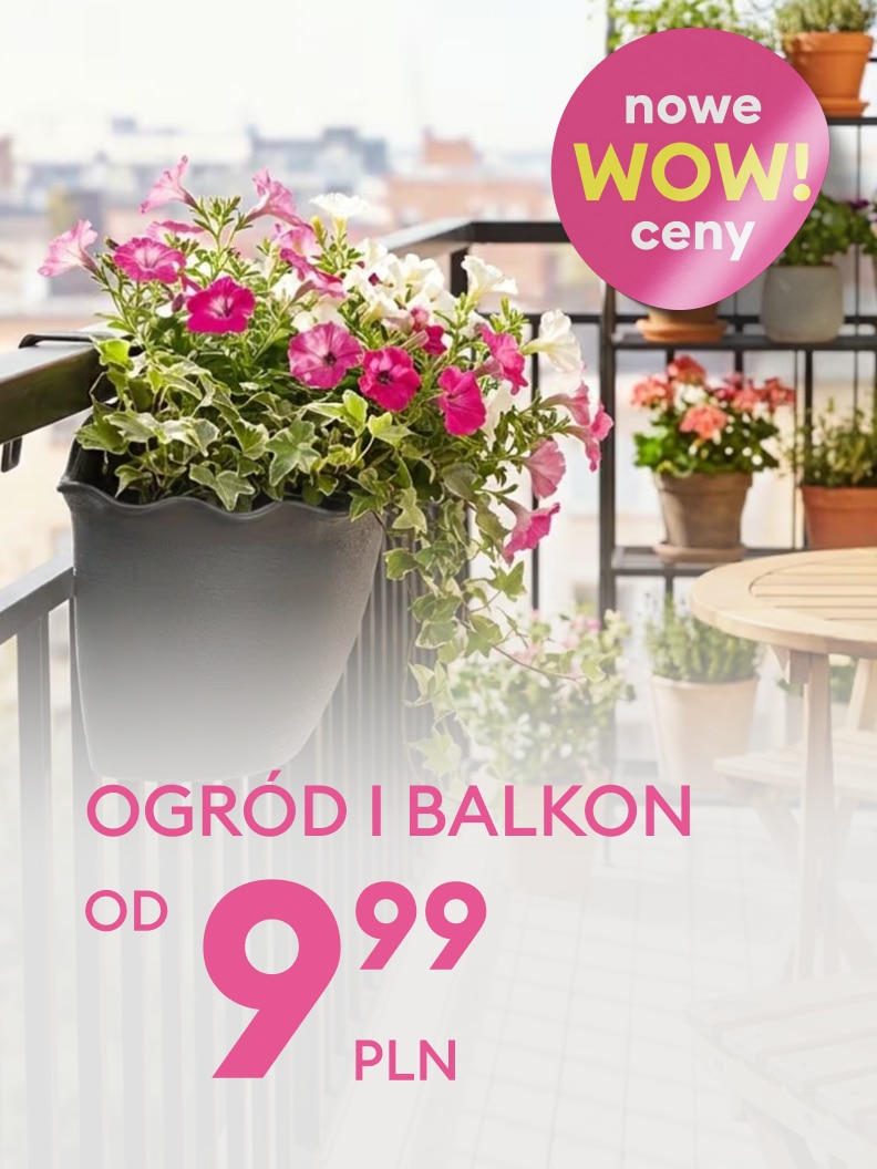 Promocja produktów do ogrodu i na balkon, zachęcająca do zakupu dekoracji i roślin do przestrzeni zewnętrznej w ramach nowej oferty cenowej.