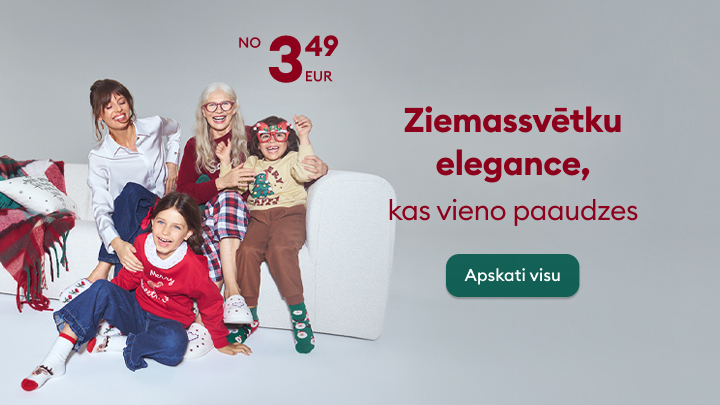 Ziemassvētku elegances reklāma, kas apvieno ģimenes tradīcijas un stilu. Produkcija pieejama no 3,49 EUR. Tekstā ir aicinājums apskatīt visu piedāvājumu. Draudzīgs mājas svētku noskaņojums, kas aicina radīt īpašu atmosfēru. banner