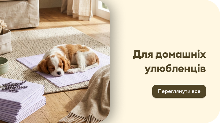 Рекламний банер із закликом переглянути асортимент товарів для домашніх улюбленців, що підкреслює турботу, комфорт і затишок для тварин удома.