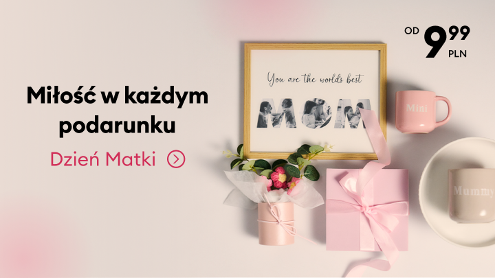 Baner promujący ofertę prezentów na Dzień Matki, podkreślający wyrażanie miłości poprzez drobne upominki oraz atrakcyjne, przystępne cenowo propozycje.