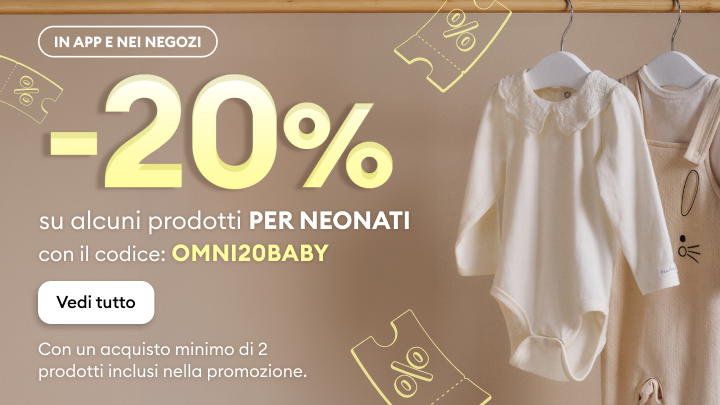 Promozione su articoli per neonati: sconto del 20% valido in app e nei negozi, utilizzando il codice OMNI20BABY, con acquisto minimo di due prodotti inclusi.