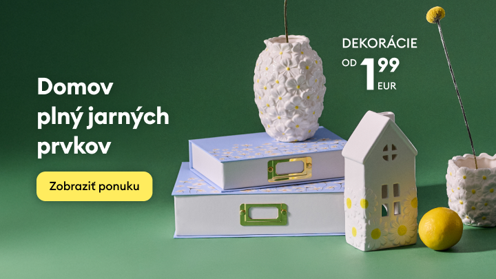 Propagačný banner informujúci o jarnej ponuke bytových dekorácií s výzvou prezrieť sortiment a zdôraznením dostupnosti za výhodnú cenu.