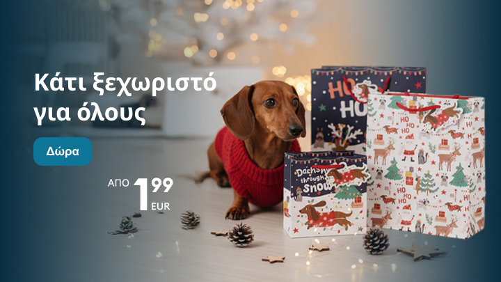 Dárek pro každého za ceny od 49 Kč. Inspirace na vánoční dárky s tematickými balíčky a dekoracemi. Na obrázku jsou dárkové tašky s vánočními motivy a pes, který přináší sváteční atmosféru. banner