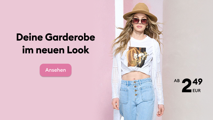 Modekampagne zur Inspiration für einen neuen Look der Garderobe, präsentiert mit einem kompletten Damenoutfit und Hinweis auf besonders günstige Einstiegspreise.
