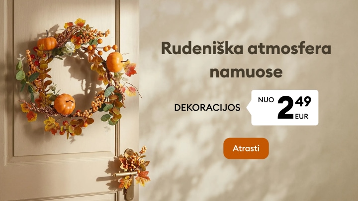 Rudeniškų namų dekoracijų pasiūlymas su vainiku durims ir sezoniniais papuošimais nuo 2,49 EUR