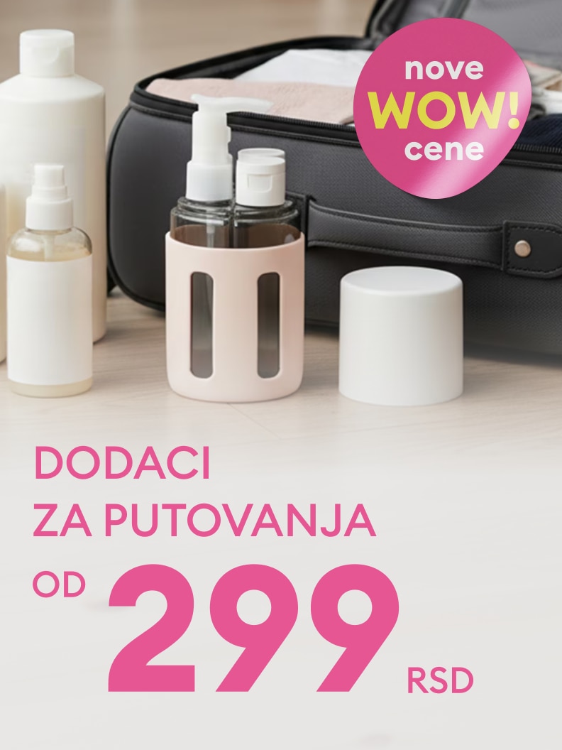 Promotivna ponuda dodataka za putovanja sa novim sniženim cenama od 299 RSD, namenjena lakšem pakovanju i nošenju kozmetike tokom putovanja.