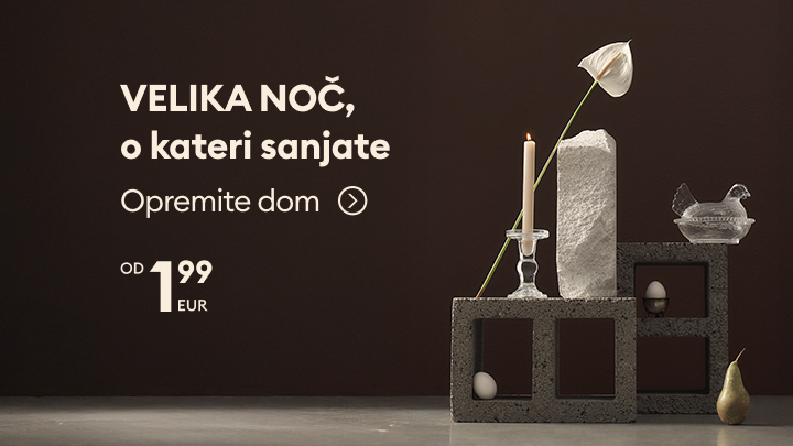 Promocija velikonočne ponudbe za opremo doma, namenjena spodbujanju nakupa sezonske dekoracije.
