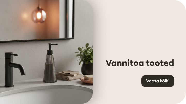 Vannitoa tooted, sealhulgas segisti, vedelseebidosaator ja tarvikud kraanikausi serval. Paremale jääv nupp „Vaata kõiki” võimaldab tutvuda täpsemalt vannitoatoodete valikuga. Taim lisab loodussõbralikku aktsenti.