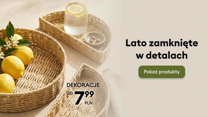 Baner promujący letnie dekoracje do domu, podkreślający sezonowy charakter oferty i informujący o dostępnych produktach w cenie od 7,99 zł, z zachętą do zapoznania się z asortymentem.