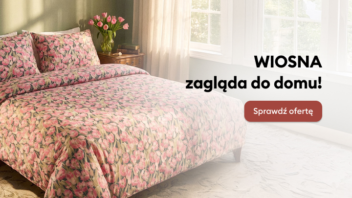 Komfortowa sypialnia z pościelą w kwiatowy wzór. Obok hasło „Wiosna zagląda do domu!” oraz przycisk zachęcający do sprawdzenia oferty. Idealna propozycja na odświeżenie wnętrza w wiosennym klimacie.