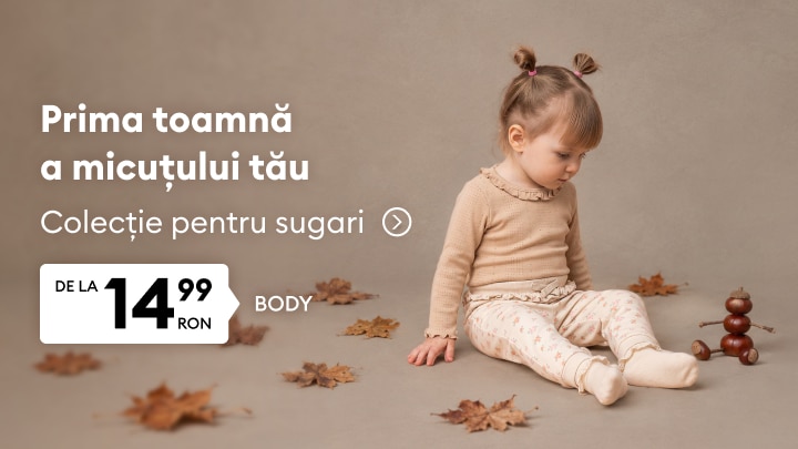 Colecție de toamnă pentru sugari, cu haine confortabile pentru copii mici la preț promoțional de la 14,99 RON.