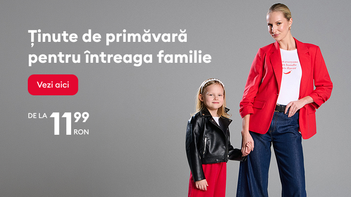 Banner promoțional care promovează ținute de primăvară pentru întreaga familie și invită utilizatorul să descopere oferta cu prețuri accesibile.