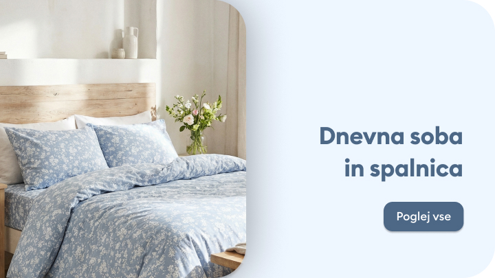 Promocijski vizual, ki usmerja k raziskovanju izdelkov za opremo dnevne sobe in spalnice.