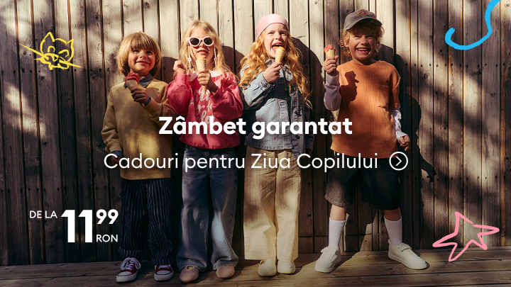 Promovare de cadouri pentru Ziua Copilului, prezentând copii fericiți și o ofertă cu prețuri începând de la 11,99 RON.