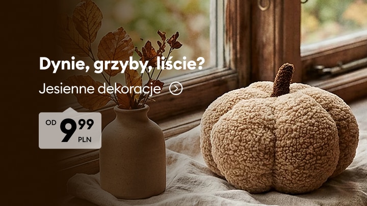 Promocja jesiennych dekoracji do domu, w tym ozdób inspirowanych dyniami, grzybami i liśćmi, dostępnych od 9,99 PLN