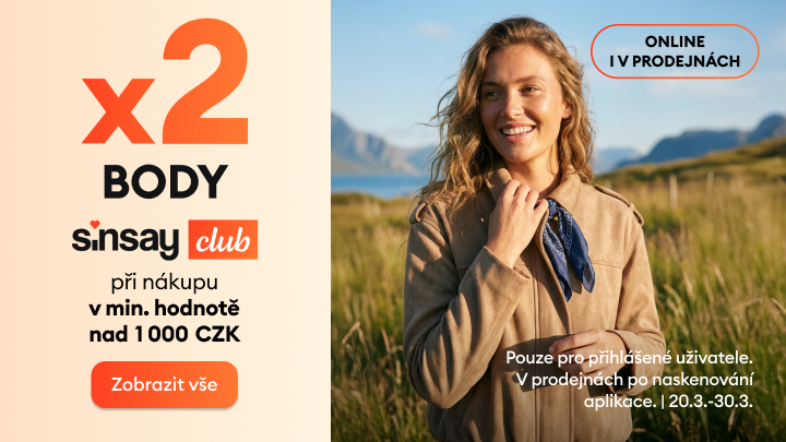 Propagační sdělení o akci Sinsay Club: dvojnásobek bodů za nákup body při minimální útratě, dostupné online i v prodejnách, pouze pro přihlášené uživatele v uvedeném období.