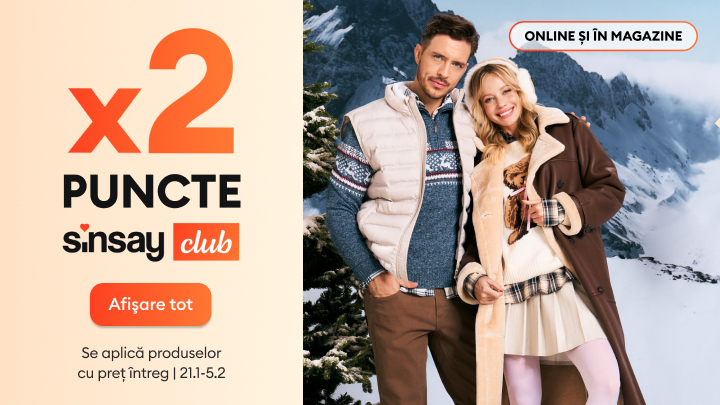 Promoție în Sinsay Club: obține de două ori mai multe puncte pentru cumpărături. Oferta este valabilă doar pentru produsele la preț întreg, în perioada 2 ianuarie - 5 februarie. Disponibil online și în magazine. Afișează mai multe detalii prin butonul dedicat.