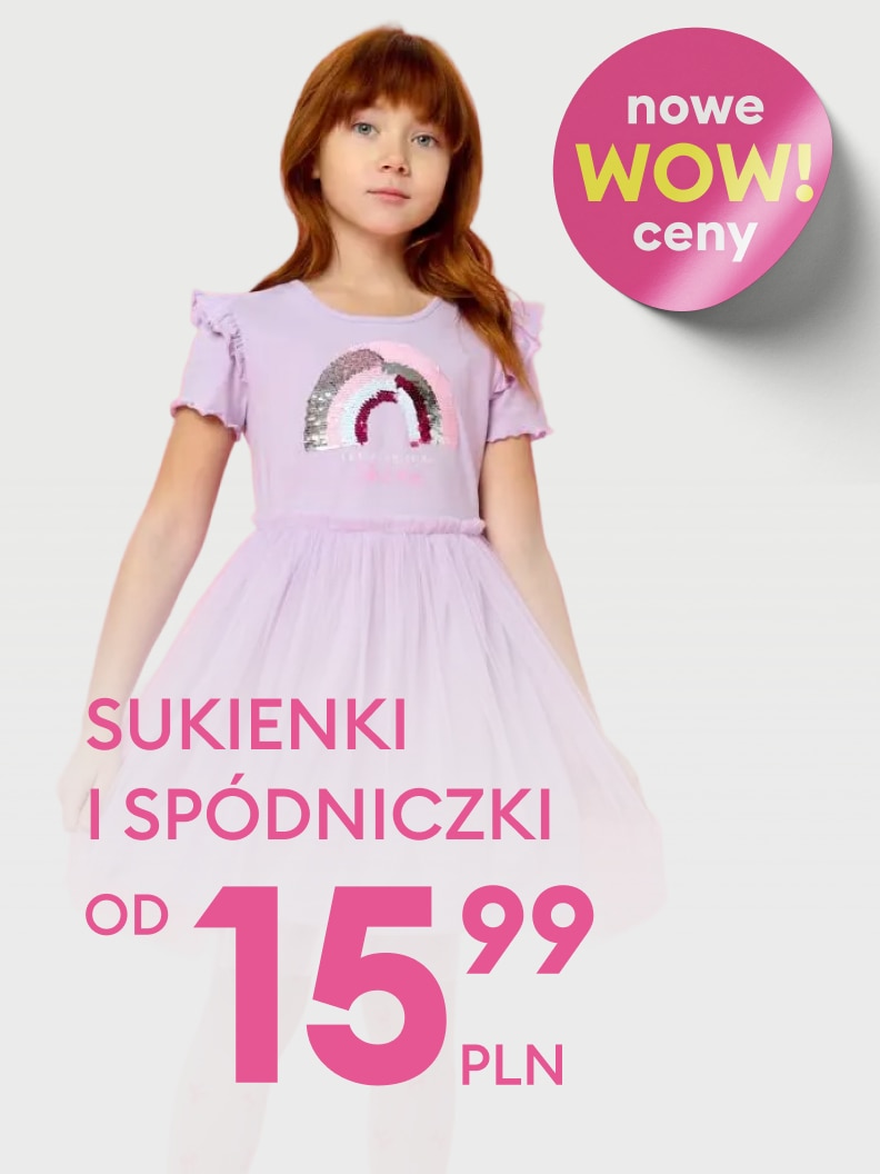 Reklama promująca ofertę sukienek i spódniczek dla dziewczynek w obniżonych cenach, z informacją o cenie od 15,99 zł.