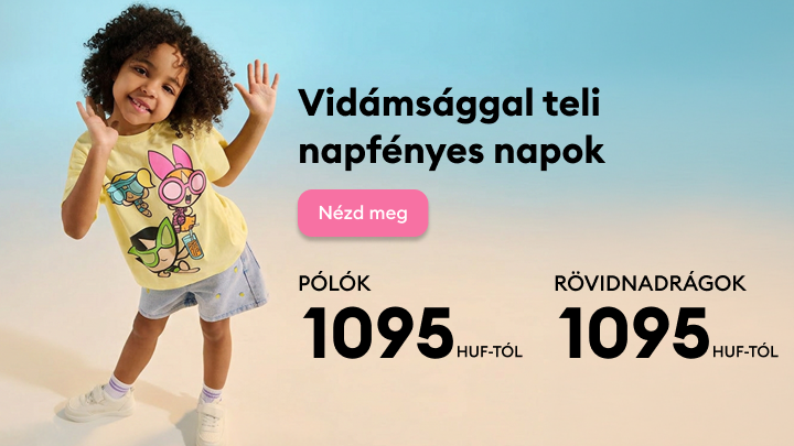 Gyermekeknek szóló nyári ruházati promóció, pólók és rövidnadrágok megvásárlására ösztönöz, vidám hangulatot és kedvező árakat hangsúlyoz.