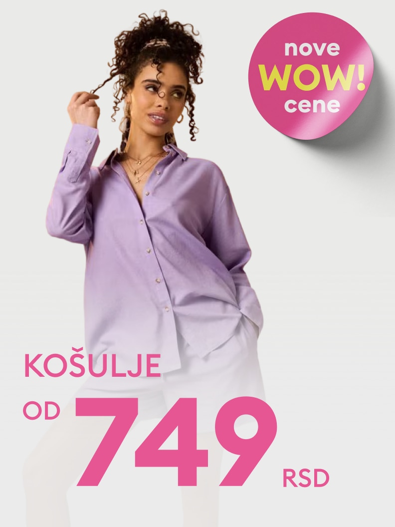 Promotivna ponuda košulja sa istaknutim novim, povoljnim cenama, namenjena privlačenju pažnje na aktuelne popuste i kupovinu proizvoda.