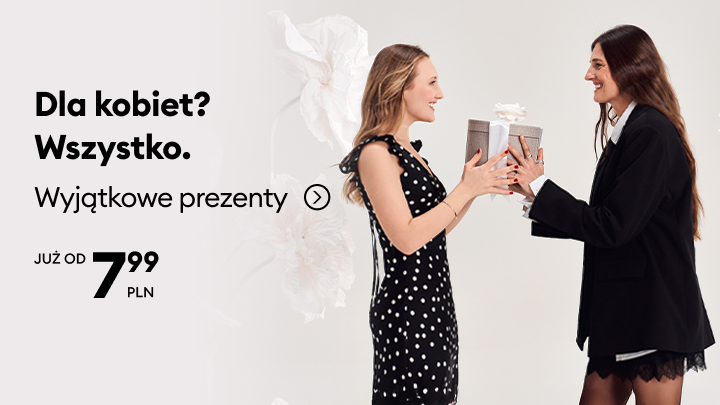 Reklama prezentów dla kobiet, pokazująca wręczanie eleganckich upominków i zachęcająca do wyboru wyjątkowych podarunków na różne okazje w przystępnej cenie.