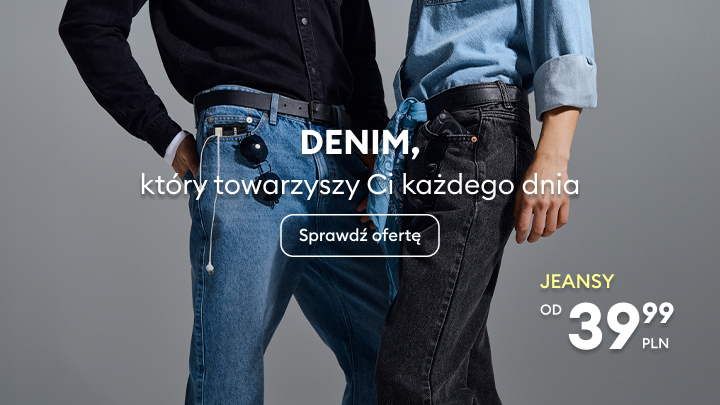 Reklama kolekcji dżinsów do codziennego noszenia, podkreślająca dostępność produktów w atrakcyjnej cenie oraz zachęcająca do zapoznania się z ofertą.