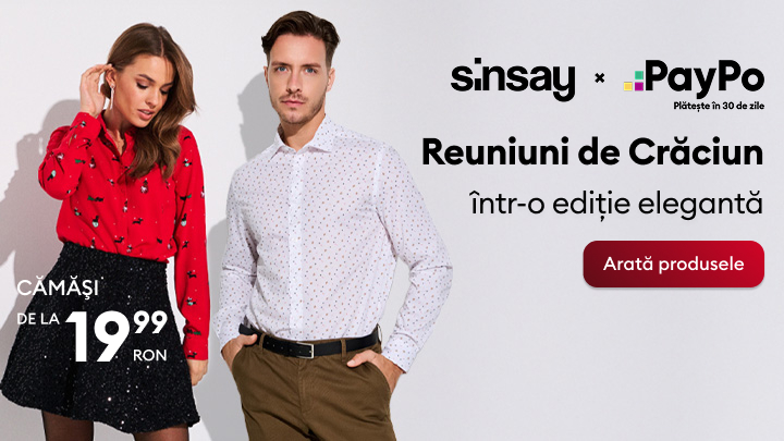 Reclama Sinsay și PayPo promovează cămăși elegante de la 19,99 RON pentru reuniuni de Crăciun. Mesajul sugerează o ediție festivă și formală, cu opțiunea de a plăti în 30 de zile. Butonul invită utilizatorii să exploreze produsele. banner