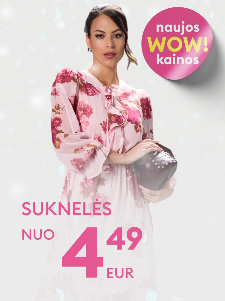„Naujos WOW kainos! Suknelės nuo 4,49 EUR. Reklama skirta moteriškų drabužių pardavimui už patrauklią kainą. Siūlomos elegantiškos suknelės, idealiai tinkamos ypatingoms progoms ar kasdieniam dėvėjimui.“