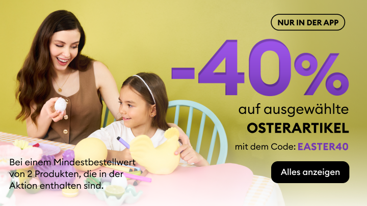 Werbebanner für eine App‑exklusive Aktion: 40 % Rabatt auf ausgewählte Osterartikel mit Rabattcode, gültig ab einem Mindestbestellwert von zwei Aktionsprodukten.
