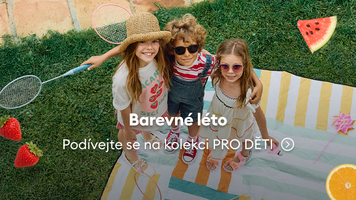 Propagace letní kolekce oblečení pro děti, vytváří hravou prázdninovou atmosféru a motivuje k prohlédnutí nabídky.