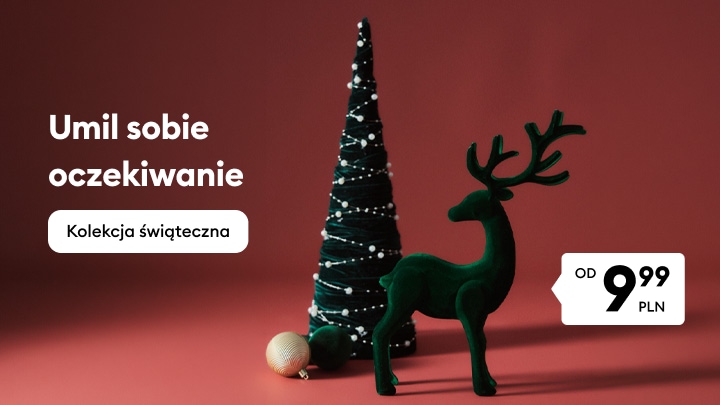 Promocja kolekcji świątecznej z dekoracjami bożonarodzeniowymi i informacją o produktach od 9,99 PLN