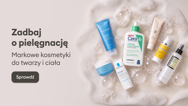Promocja markowych kosmetyków do pielęgnacji twarzy i ciała zachęcająca do zapoznania się z ofertą produktów pielęgnacyjnych