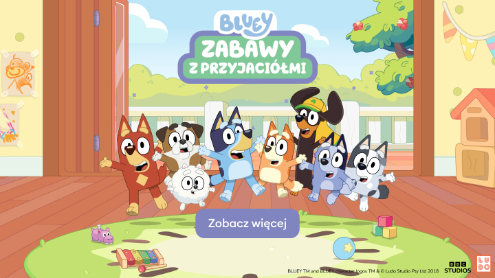 Promocja treści dla dzieci z bohaterami Bluey, zachęcająca do wspólnej zabawy i odkrywania aktywności z przyjaciółmi.