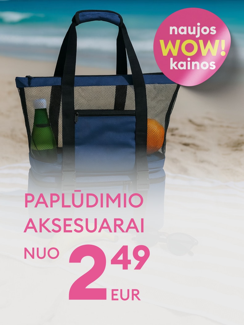 Reklama apie paplūdimio aksesuarų pasiūlymą su naujomis kainomis, pradedant nuo 2,49 €