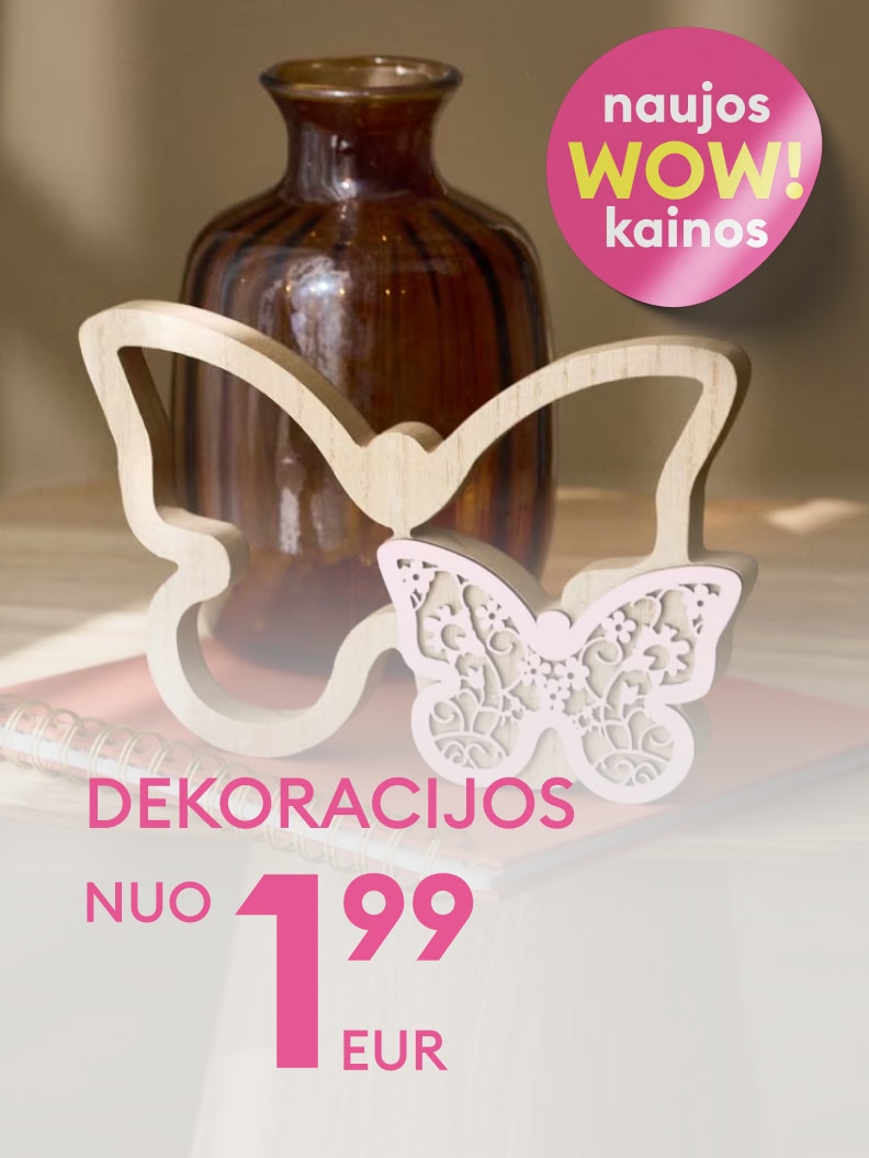 Dekoracijų pasiūlymas su naujomis akcijinėmis kainomis, skirtas paskatinti įsigyti namų dekorą už prieinamą kainą nuo 1,99 EUR.