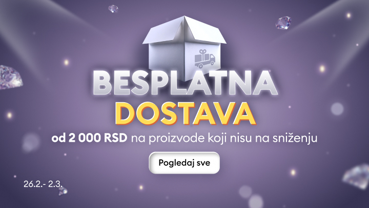 Promocija koja obaveštava o besplatnoj isporuci za kupovine iznad određenog iznosa, uz definisane uslove i ograničeno trajanje, sa pozivom da se pregledaju dostupni proizvodi.