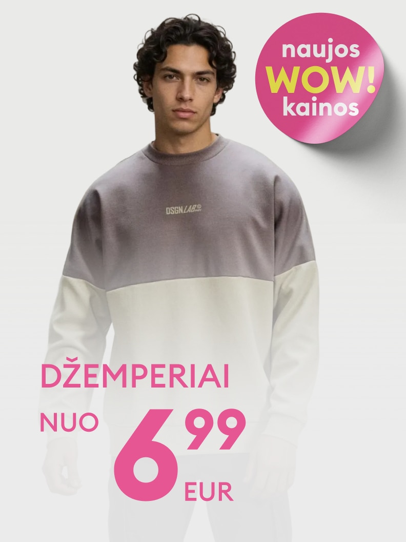 Reklama, informuojanti apie akciją vyriškiems džemperiams ir naujas, sumažintas kainas.