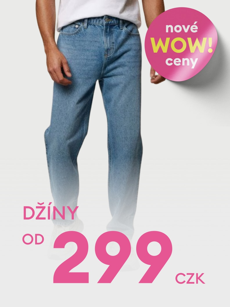 Propagace pánských džínů s akční nabídkou a novými cenami od 299 Kč.
