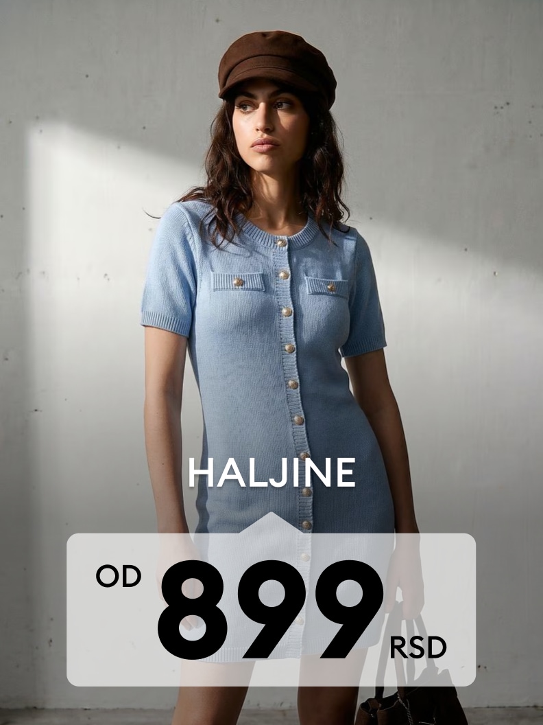 Promocija ženskih haljina po ceni od 899 RSD uz prikaz modela u kratkoj pletenoj haljini i kapi