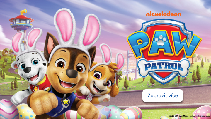 Propagační obrázek seriálu PAW Patrol od Nickelodeon s postavami v jarním velikonočním motivu, který láká děti k objevování dalšího obsahu.