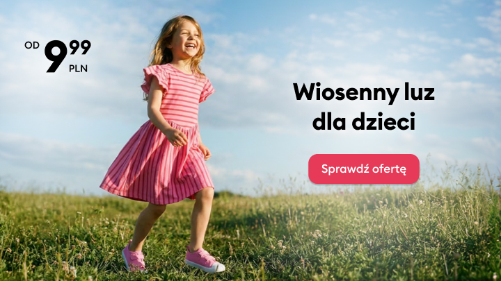 Baner promocyjny zachęcający do zapoznania się z wiosenną ofertą luźnych ubrań dla dzieci, prezentujący dziecięcą stylizację w plenerze.