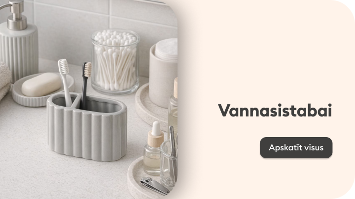 Iepirkšanās kategorijas vizuāls, kas aicina apskatīt vannasistabas piederumu un aksesuāru klāstu mājas organizēšanai un ikdienas higiēnai.