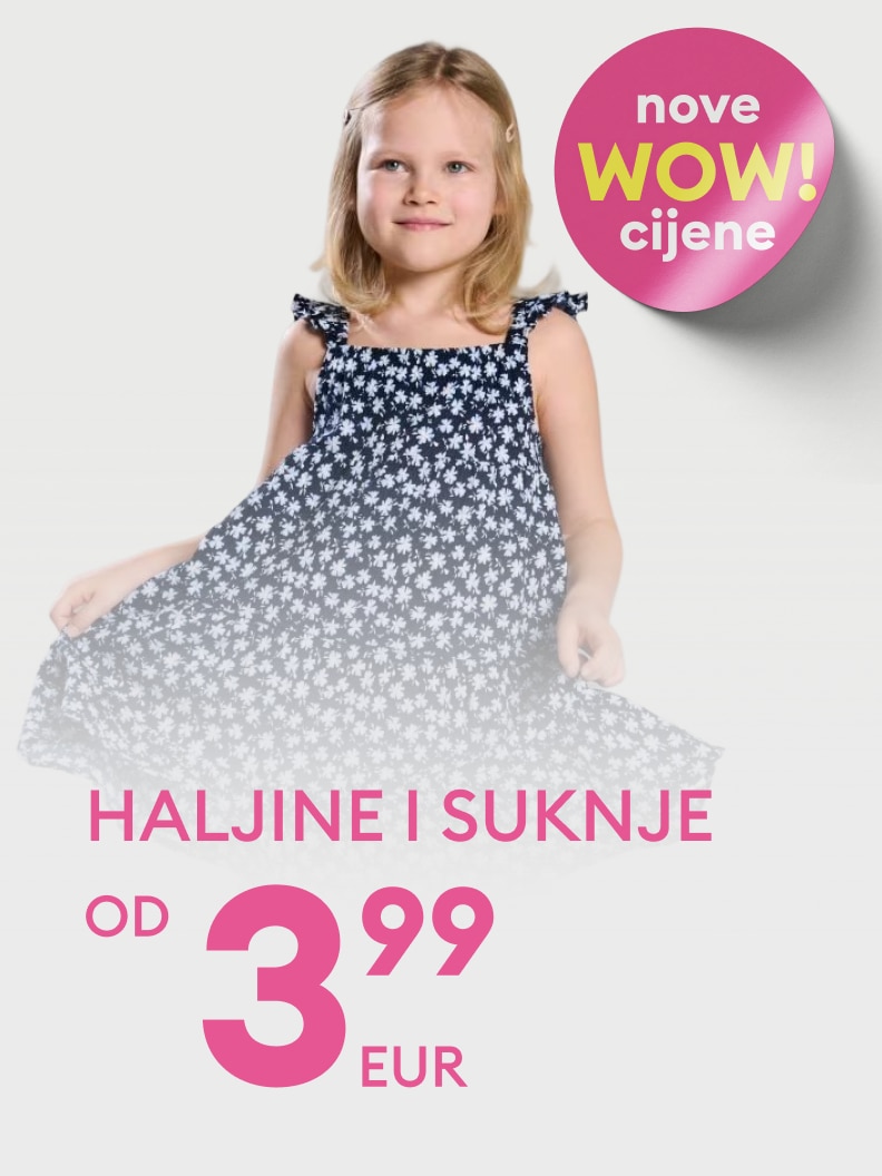 Promocija dječjih haljina i suknji s novim povoljnim cijenama, namijenjena informiranju korisnika o aktualnoj ponudi i poticanju kupnje sezonske odjeće.
