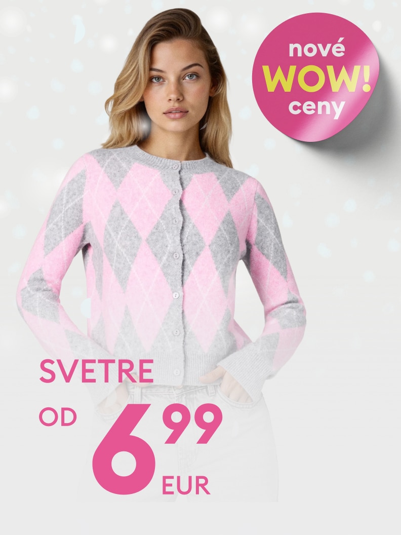 Promocja na swetry. Ceny od 29,99 zł. Grafika informuje o atrakcyjnych, nowych cenach WOW. Produkt prezentowany na zdjęciu ma wzór w romby. Oferta skierowana do osób szukających modnych ubrań w przystępnej cenie.